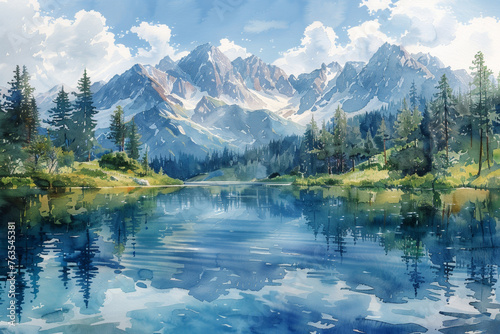 Watercolor illustration of picturesque mountain landscape with a tranquil lake  lush forest  and captivating reflections amidst nature.
