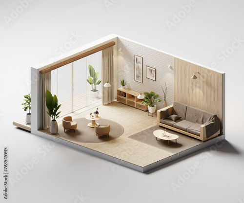 Isometric view living room muji style open inside interior architecture 3d rendering	
