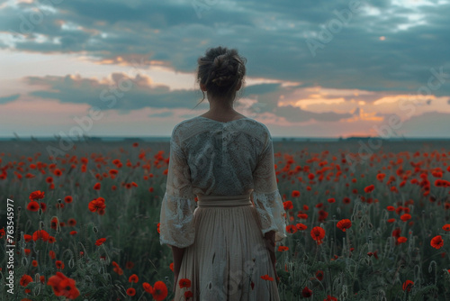 Anonymous woman with red flowers standing near field in summer evening