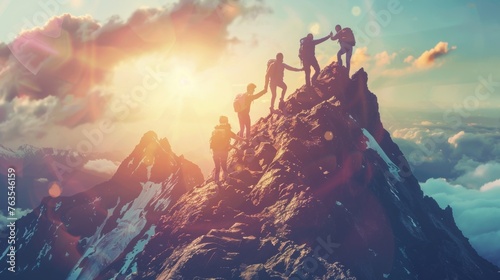 A depiction of teamwork in business, with a group assisting each other to climb a mountain and reach a goal, symbolizing collaborative success