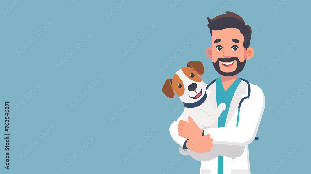Veterinarian Day illustration, vet with a dog in his arms on a blue background, copy space for text Veterinarian Day illustration, vet with a dog in his arms on a blue background, copy space for text
