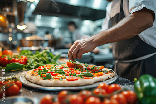 A male chef prepares pizza with tomatoes and basil in the kitchen of a pizzeria, Italian food concept