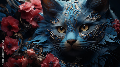 Gato azul com flores - Ilustração  photo