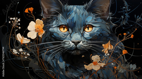 Gato azul com flores - Ilustração 