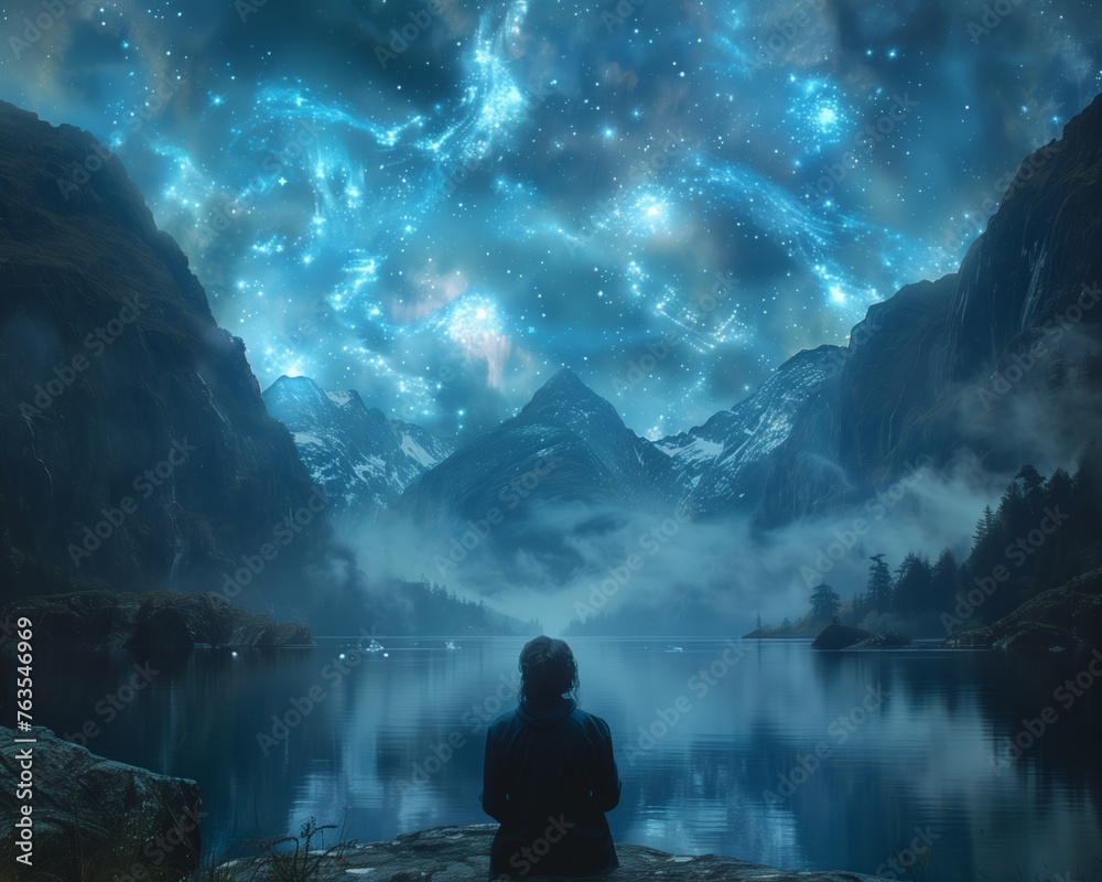 Obraz premium Person seated by a tranquil mountain lake under a canopy of interstellar nebulae