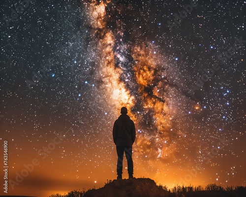 Lone observer stands atop a rise beholding the fiery spectacle of the galactic core