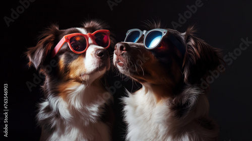 Dois cachorros usando oculos escuros isolados no fundo preto photo