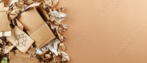 A pile of cardboard boxes and shredded paper on a tan background