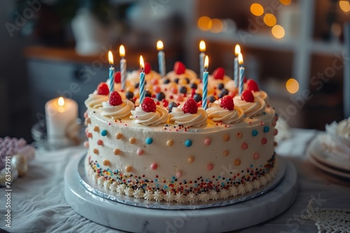 A colorful birthday cake adorned with lit candles  ready to celebrate with joy and sweetness.