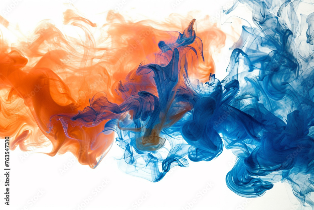 A bold and dramatic splash of cobalt blue and bright orange smoke, symbolizing energy and excitement over white