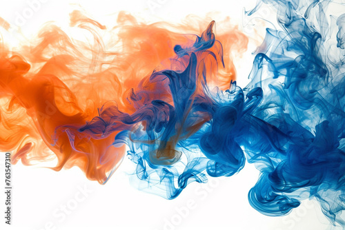 A bold and dramatic splash of cobalt blue and bright orange smoke, symbolizing energy and excitement over white