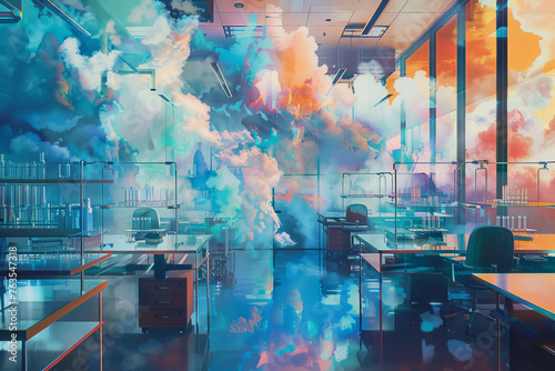 An abstract representation of a medical laboratory, with a cloud of floating desks and chairs photo