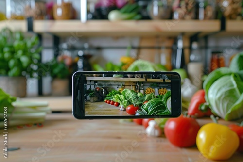 A phone is taking a picture of a table full of vegetables. The vegetables include tomatoes, peppers, and lettuce