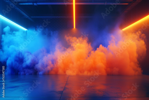 A bold and dramatic splash of cobalt blue and bright orange smoke, forming an energetic gradient in a 3D-rendered garage with vibrant lighting