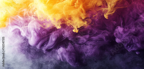 A bold contrast of deep purple and bright yellow smoke over white, creating a visually striking and dynamic effect