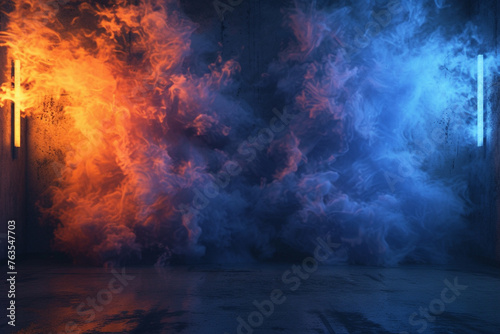A dramatic and mysterious combination of indigo and amber smoke, forming a captivating gradient in a 3D-rendered garage with dramatic lighting