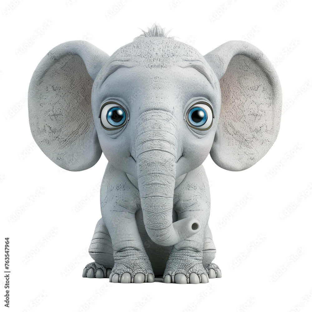 A cartoon elephant with blue eyes and a big smile
