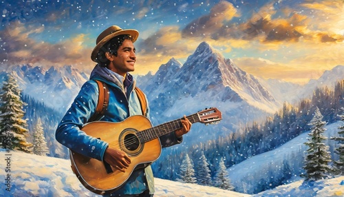 Melodic Winter: A Detailed Oil Paint Art of a Man Playing Guitar Standing on Snow