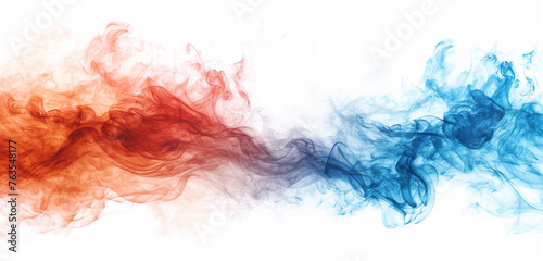 A dynamic interaction of fiery red and icy blue smoke, symbolizing the clash of hot and cold over a white background