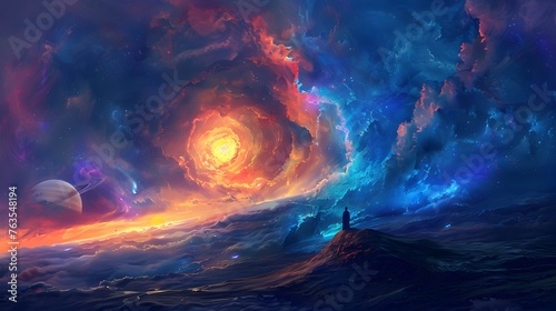 Awe-Inspiring Cosmic Dreamscape with Solitary Figure Gazing into Ethereal, Fiery Nebula © Mickey