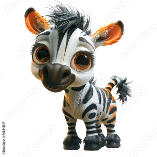 A cute zebra with orange and black stripes is standing on a white background