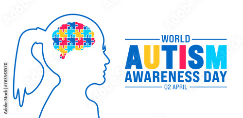 2 April world Autism awareness day girl child head with colorful puzzle brain banner design template. vector illustration