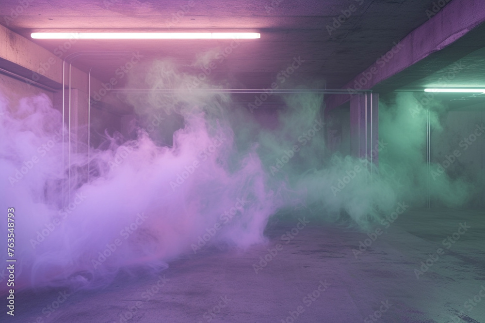 A magical and ethereal fusion of pastel violet and mint green smoke, creating a dreamy gradient in a 3D garage with soft, diffused lighting