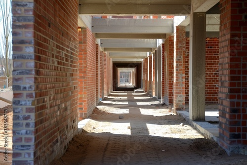 a long red brick hallway at a construction site