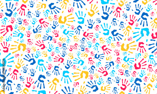 Autism Awareness Day concept colorful kids hand together seamless pattern background. child handprint shaped autism seamless pattern vector illustrator background for autism day template.