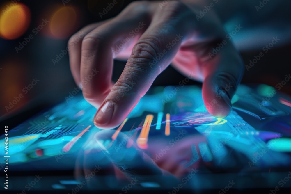 A hand is pointing at a screen with a blue and purple background. Concept of focus and determination as the hand reaches out to the screen A hand is pointing at a screen with a blue and purple background. Concept of focus and determination as the hand reaches out to the screen