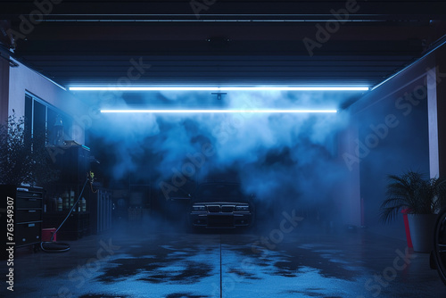 A smooth gradient of midnight blue and silver smoke, resembling a starry night sky, showcased in a 3D-rendered garage with ambient lighting
