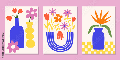 Cutout floral poster designs. Bright summer vector prints set. Modern flower in vase illustration. Botanical backgrounds