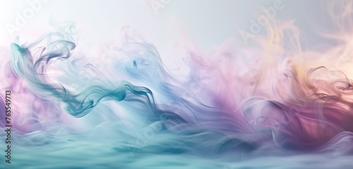 A surreal composition of iridescent smoke in pastel hues, shimmering and flowing over a white surface
