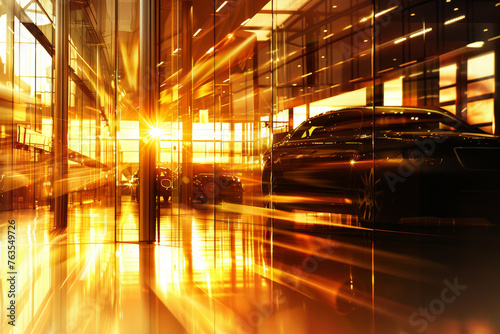 An abstract view of a luxury car showroom, the warm light creating a sophisticated and inviting atmosphere