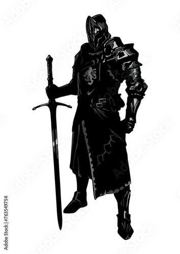 A black knight with a long sword. Vector silhouette. © svistoplas