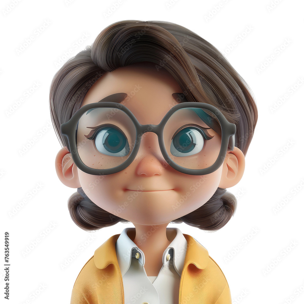 A cartoon girl with glasses is smiling