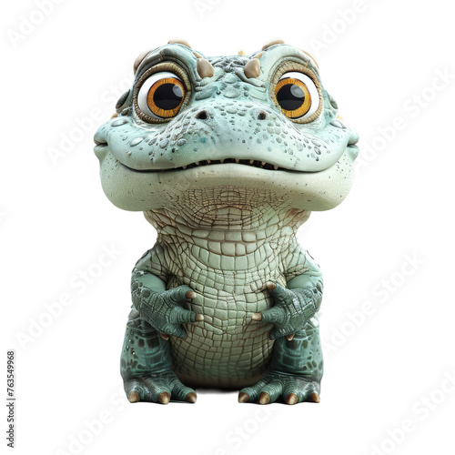 A cartoonish green crocodile with yellow eyes and a big smile