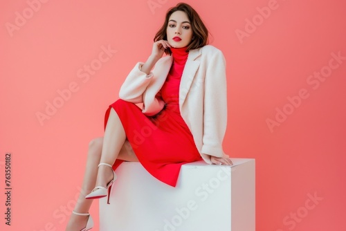 Photo of beautiful woman in red dress and white jacket sitting on cube © Katsiaryna