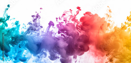 A vibrant array of colorful smoke splashing over a pure white background, resembling a rainbow bursting into a mist
