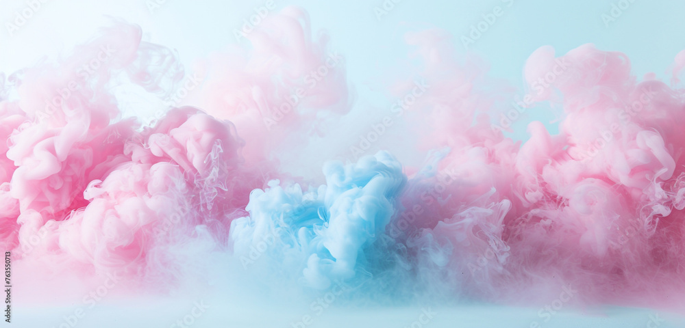 A whimsical dance of cotton candy pink and sky blue smoke over a white surface, evoking a playful, fairytale-like vibe A whimsical dance of cotton candy pink and sky blue smoke over a white surface, evoking a playful, fairytale-like vibe
