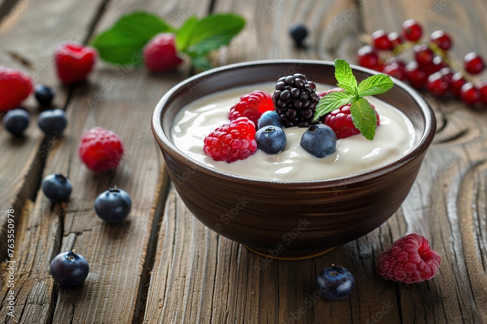 Bowl with white yogurt and ripe berries on wooden table Bowl with white yogurt and ripe berries on wooden table
