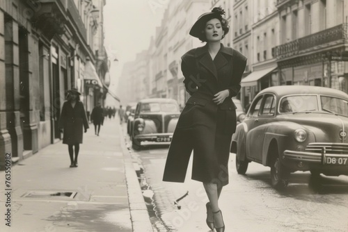 A vintage photo shows an elegant woman walking in the streets of Paris photo