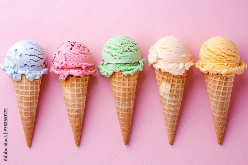 row of ice creams in a cone with different flavors, pastel pink background
