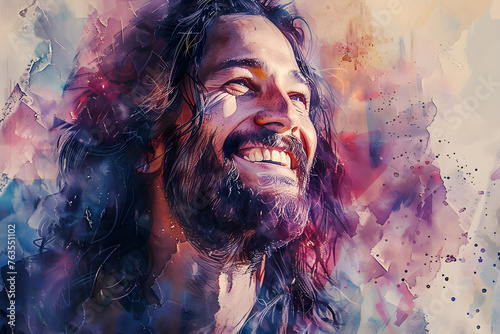Realistic watercolor portrait of Jesus Christ smiling and illuminated by God, a symbol of hope and glory in Christian and Catholic religion. Ideal for Easter, Bible, and faith concepts.
