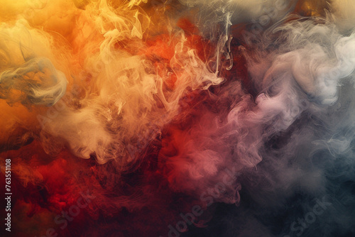 An artistic explosion of smoke, blending autumnal shades of russet, amber, and crimson, reminiscent of an aerosol effect photo