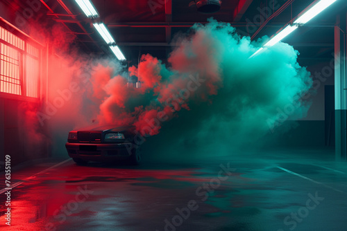 An artistic fusion of emerald green and burgundy smoke, forming a rich gradient in a well-lit, 3D-rendered garage environment