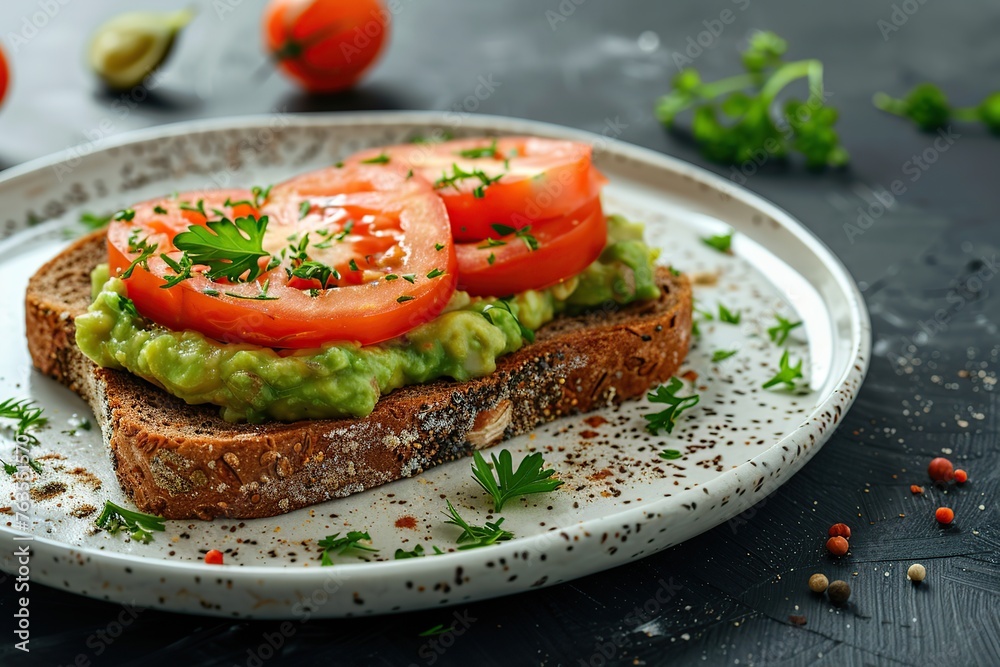 Toast bread with avocado puree and tomatoes. Vegetarian food. Toast bread with avocado puree and tomatoes. Vegetarian food.