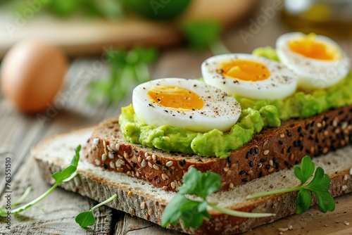 Toast rye bread with avocado puree and hard boiled eggs on wooden table