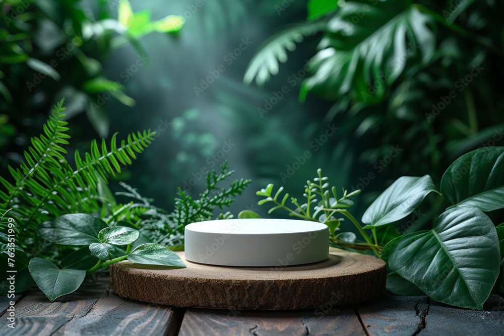 A minimalist podium in a natural setting with green leaves, creating a serene backdrop for product display. A minimalist podium in a natural setting with green leaves, creating a serene backdrop for product display.