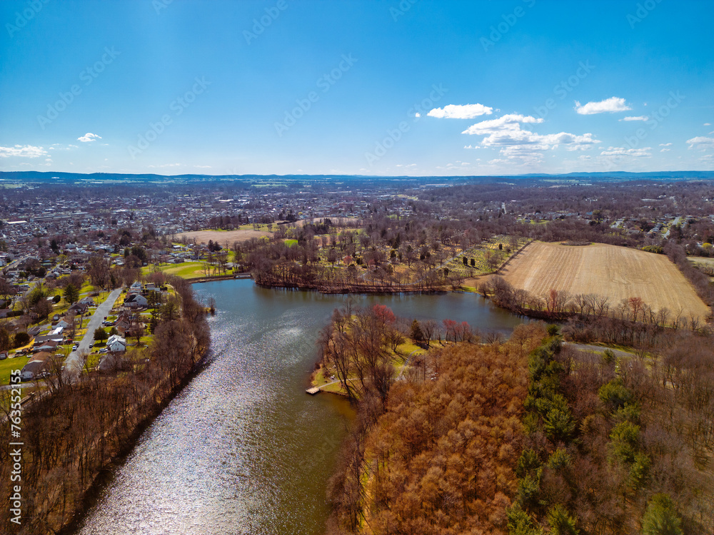 Aerial drone view of river dam. Drone view. 